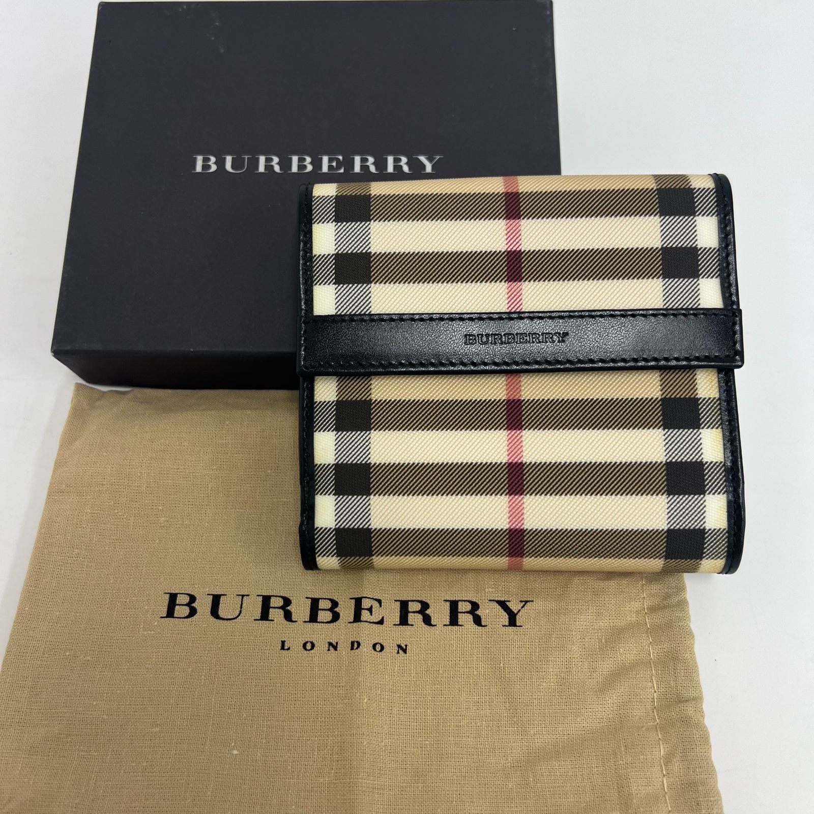 【新品未使用/箱・保存袋付】BURBERRY LONDON バーバリー 折財布 二つ折り 三つ折り ミニ財布 ノバチェック キャンバス レザー ブラック 黒