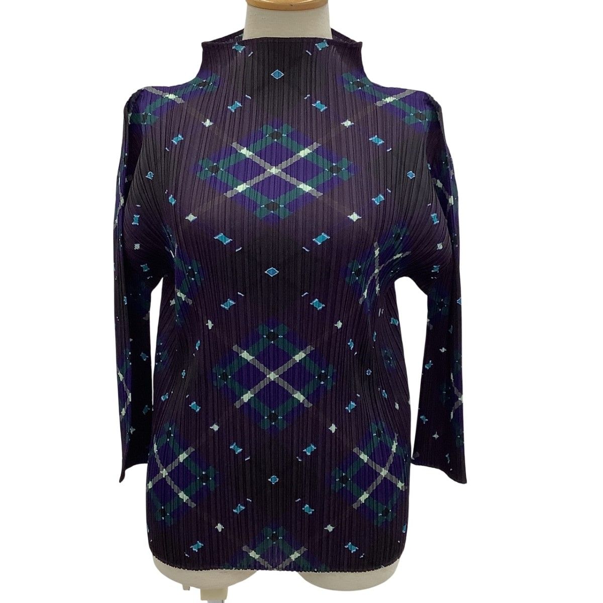 ISSEY MIYAKE イッセイミヤケ PLEATS PLEASE カットソー SIZE 3　チェック PP93-JK684 ネイビー