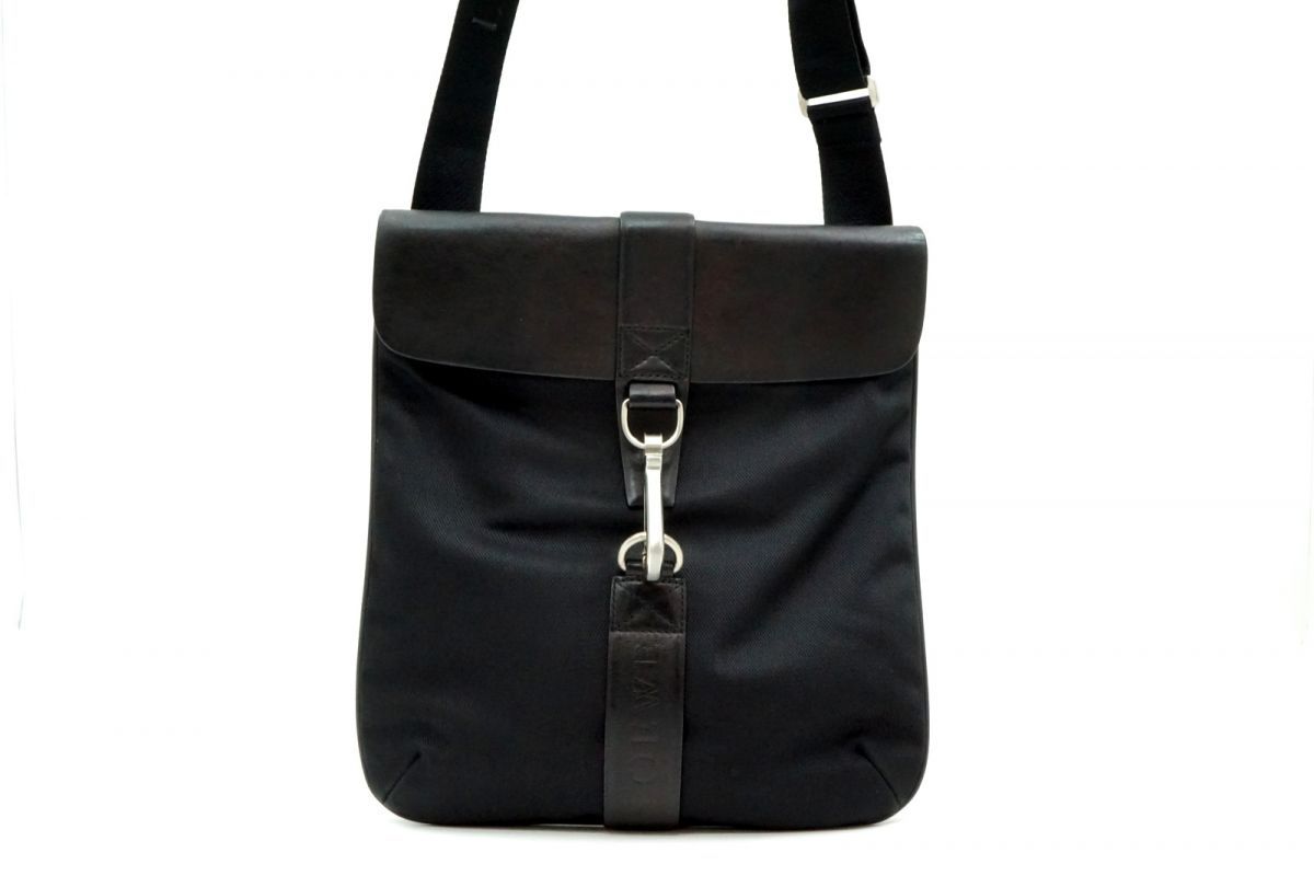 ロエベ レザーフラップ ショルダーバッグ マチ無し シルバー金具 Unisex ナイロンキャンバス 黒 ブラック LOEWE 6874h