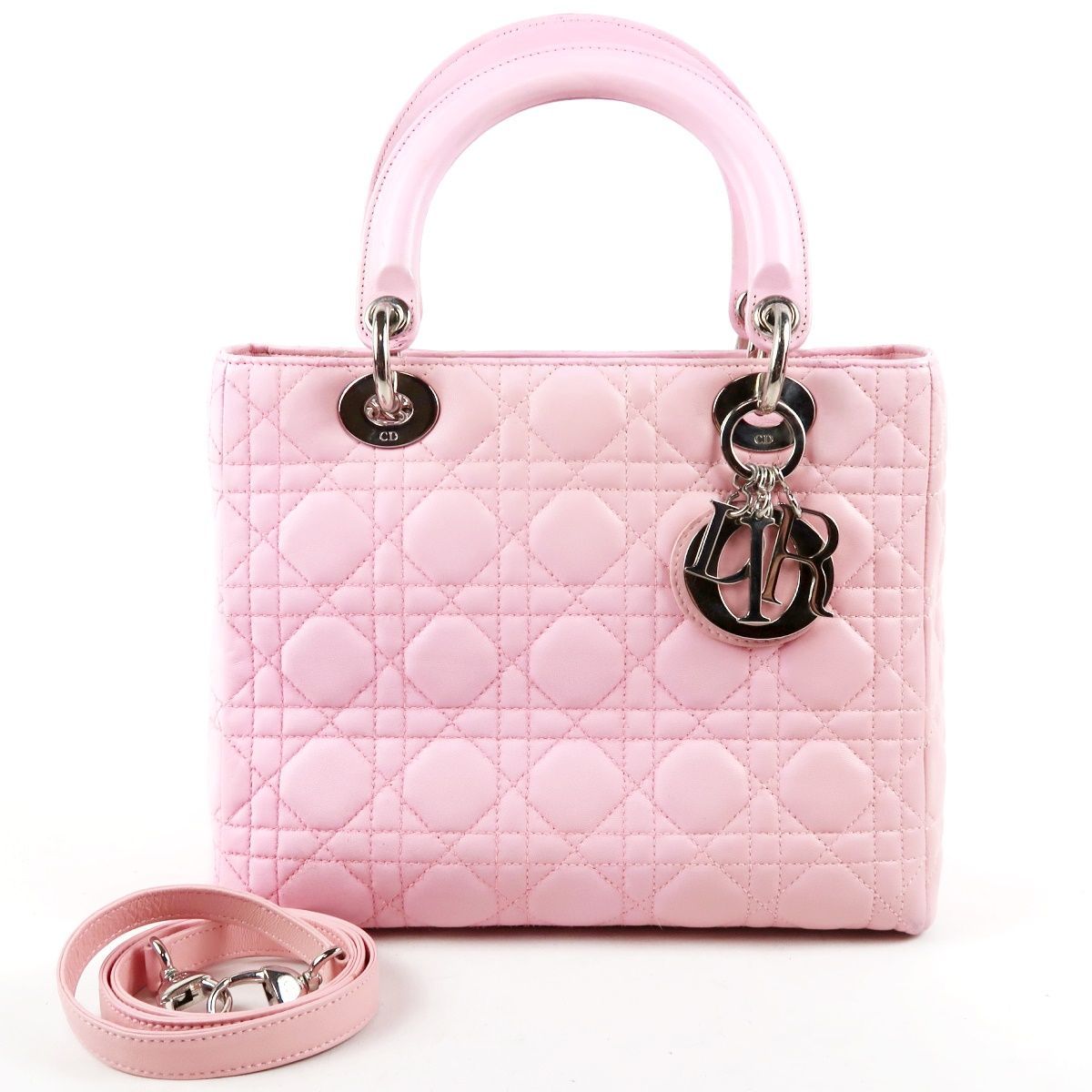 【美品】Christian Dior クリスチャンディオール レディディオール 2WAYショルダー ハンドバッグ レザー ピンク×シルバー金具【IE4】