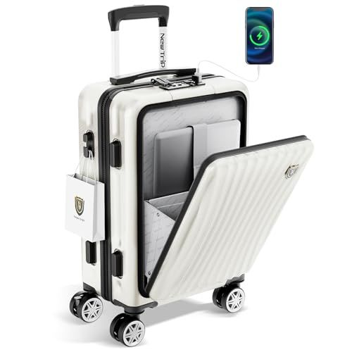 [New Trip] スーツケース 機内持ち込み フロントオープン キャリーケース Sサイズ USBポート付き ストッパー付き YKKファスナー TSAロック 静音 ダブルキャスター ビジネス 出張 1-3泊 38リットル ホワイトe 5596d922