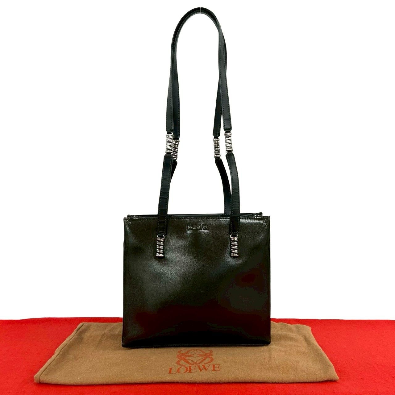 極 美品 袋付き LOEWE ロエベ ヴィンテージ ロゴ 型押し レザー 本革 セミ ショルダーバッグ ミニ トートバッグ カーキ ブラック 57656