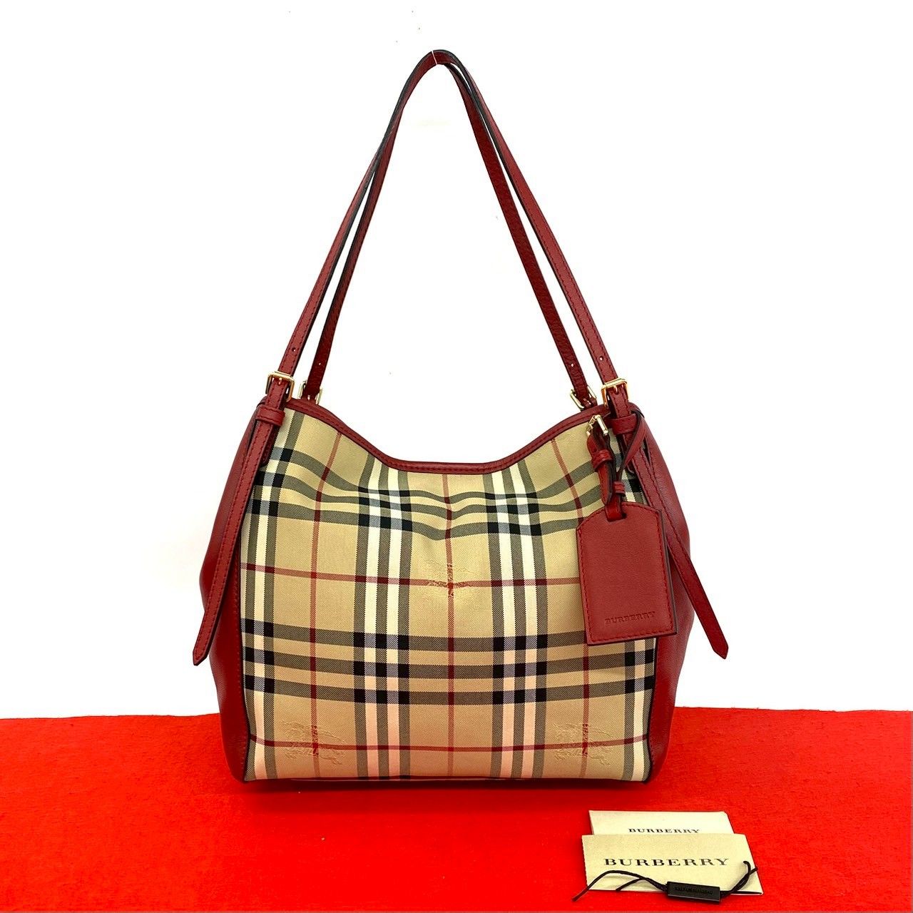 極 美品 BURBERRY バーバリー ノバチェック 柄 キャンバス レザー 本革