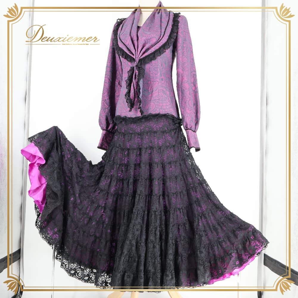 【美品】フラメンコ衣装　ワンピース　パープル フラメンコ 衣装 ドレス ワンピース ペチコート ブラック系 パープル系