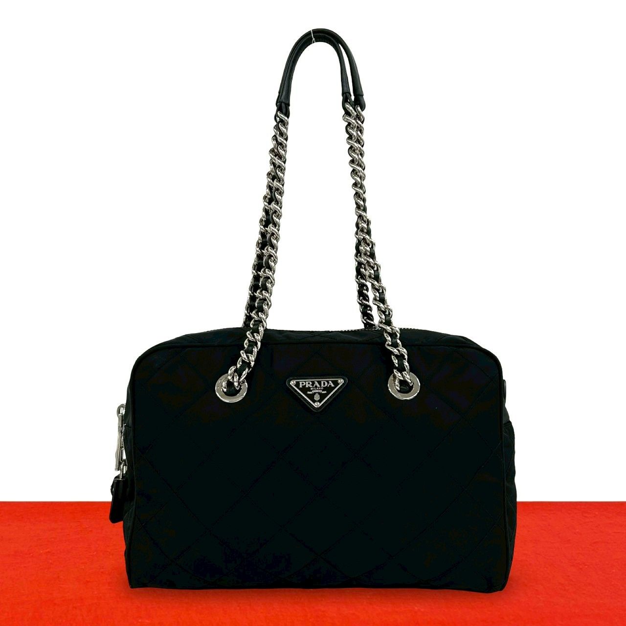極 美品 PRADA プラダ 三角ロゴ 金具 キルティング ナイロン レザー 本