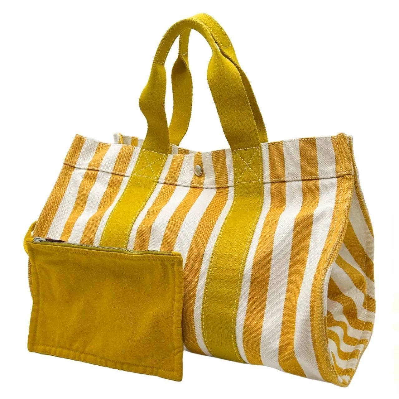 HERMES エルメス カンヌPM ハンドバッグ ストライプ キャンバス ベージュ イエロー アイボリー レディース トートバッグ ポーチ付き 美品 ギフト プレゼント