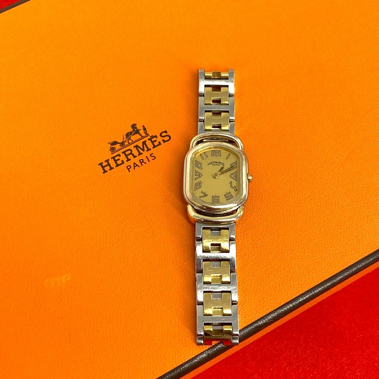稼働品 極 美品 希少品 HERMES エルメス ヴィンテージ ラリー H ロゴ ステンレス GP 腕時計 リストウォッチ シルバー ゴールド 38047
