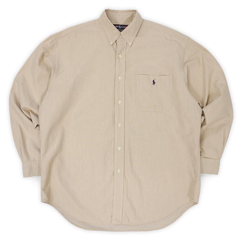 ポロラルフローレン POLO RALPH LAUREN 90s 90年代 ボタンダウンシャツ BIG SHIRT BD 珍品 ビッグ ロゴ刺繍 USA ヴィンテージ アメリカ 古着 メンズ ベージュ系 ピンチェック柄 M【中古】