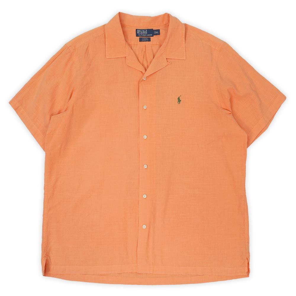 ポロラルフローレン POLO RALPH LAUREN 90s 90年代 オープンカラーシャツ CURHAM リネン コットン 開襟 半袖 ボックス ロゴ刺繍 USA ヴィンテージ 古着 メンズ シャツ オレンジ XL【中古】