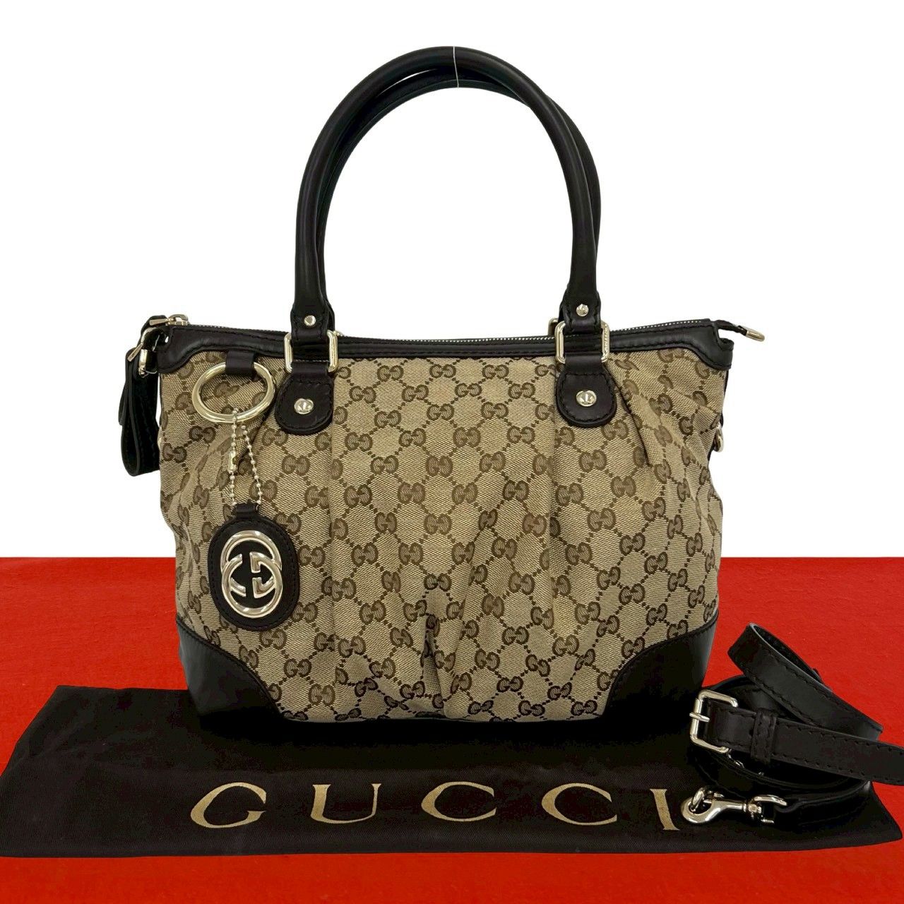 極 美品 袋付き GUCCI グッチ スーキー GG キャンバス レザー 本革 