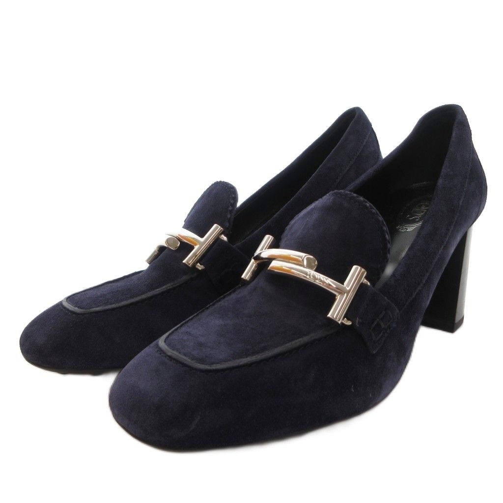 トッズ TOD'S Gomma T70 Maxi Doppia T パンプス シューズ ハイヒール チャンキーヒール スエード 38.5 紺 ネイビー /FF