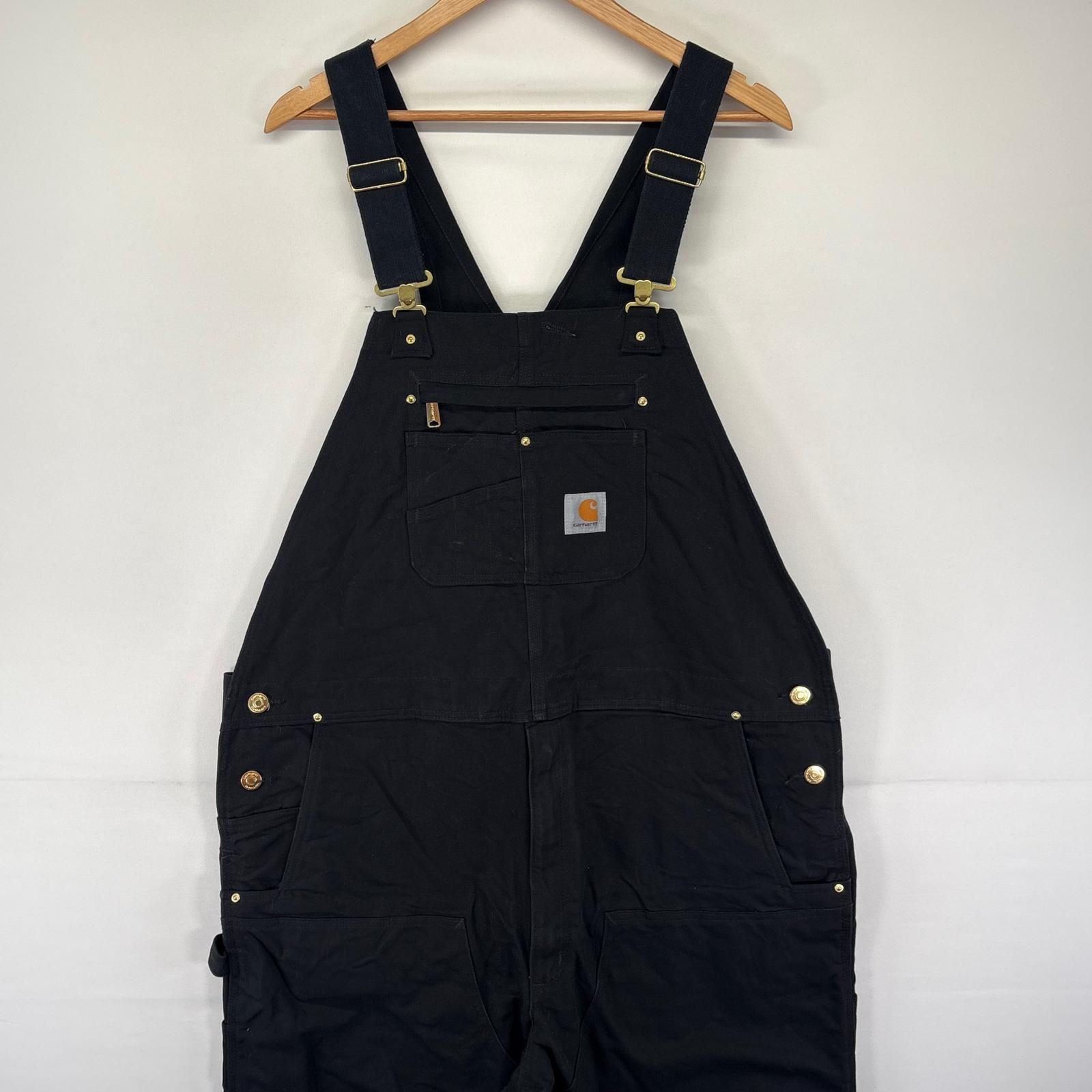 古着 カーハート Carhartt ダック オーバーオール ワーク ワンポイントロゴ 作業着 ダブルニー W44 L32  ブラック系 メンズ 古着 カーハート Carhartt ダック オーバーオール ワーク ワンポイント