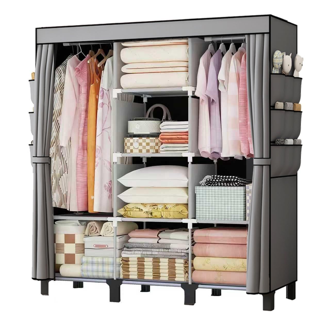 衣装庫、ジッパー付きポータブル衣装庫。ポータブル衣装庫は衣服を吊るすために使用し、4 本の吊り棒と収納キャビネットを備え、広く大容量の収納スペースを有しています簡易クローゼット、は幅170 cm、奥行き45 cm、高さ172 cmで (グレー, 130cmma