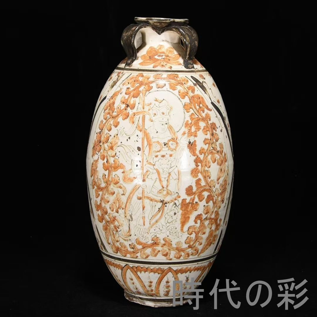 【宋磁州窯風 人物四耳瓶】中国古美術 人物文 花瓶 壺 白磁 古陶磁 唐物 骨董品 旧家蔵出 R26052501