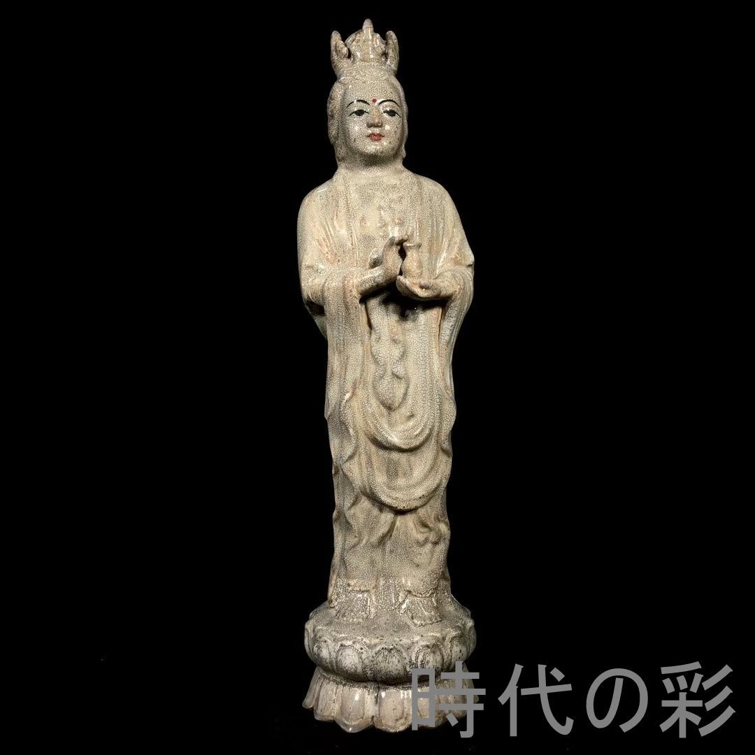 【宋代風 観音像】中国古美術 白磁 加彩 佛像 仏教美術 置物 古陶磁 唐物 骨董品 旧家蔵出 R26052507