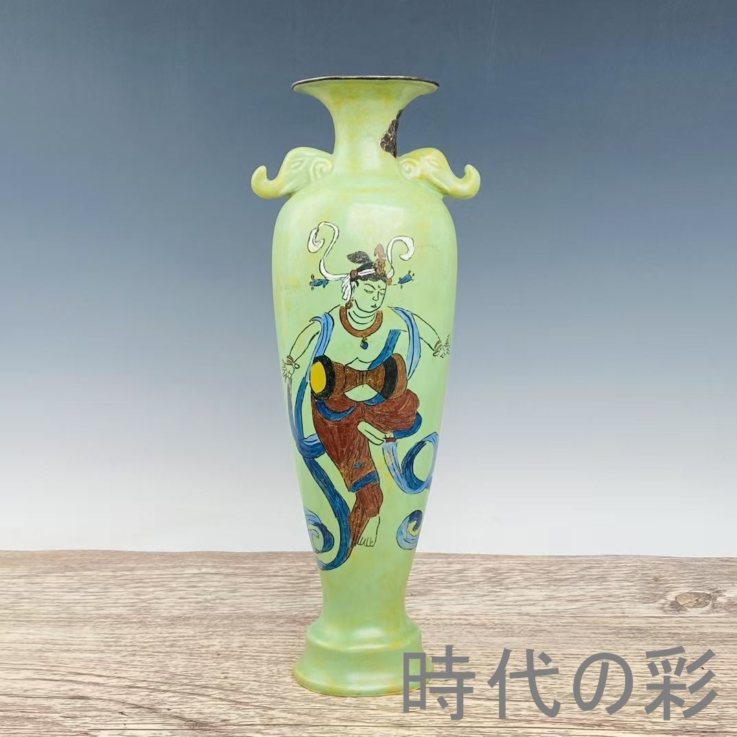 【柴窯風 彩繪花瓶】中国古美術 嵌銀細工 花瓶 壺 古陶磁 唐物 骨董品 旧家蔵出 R26052515