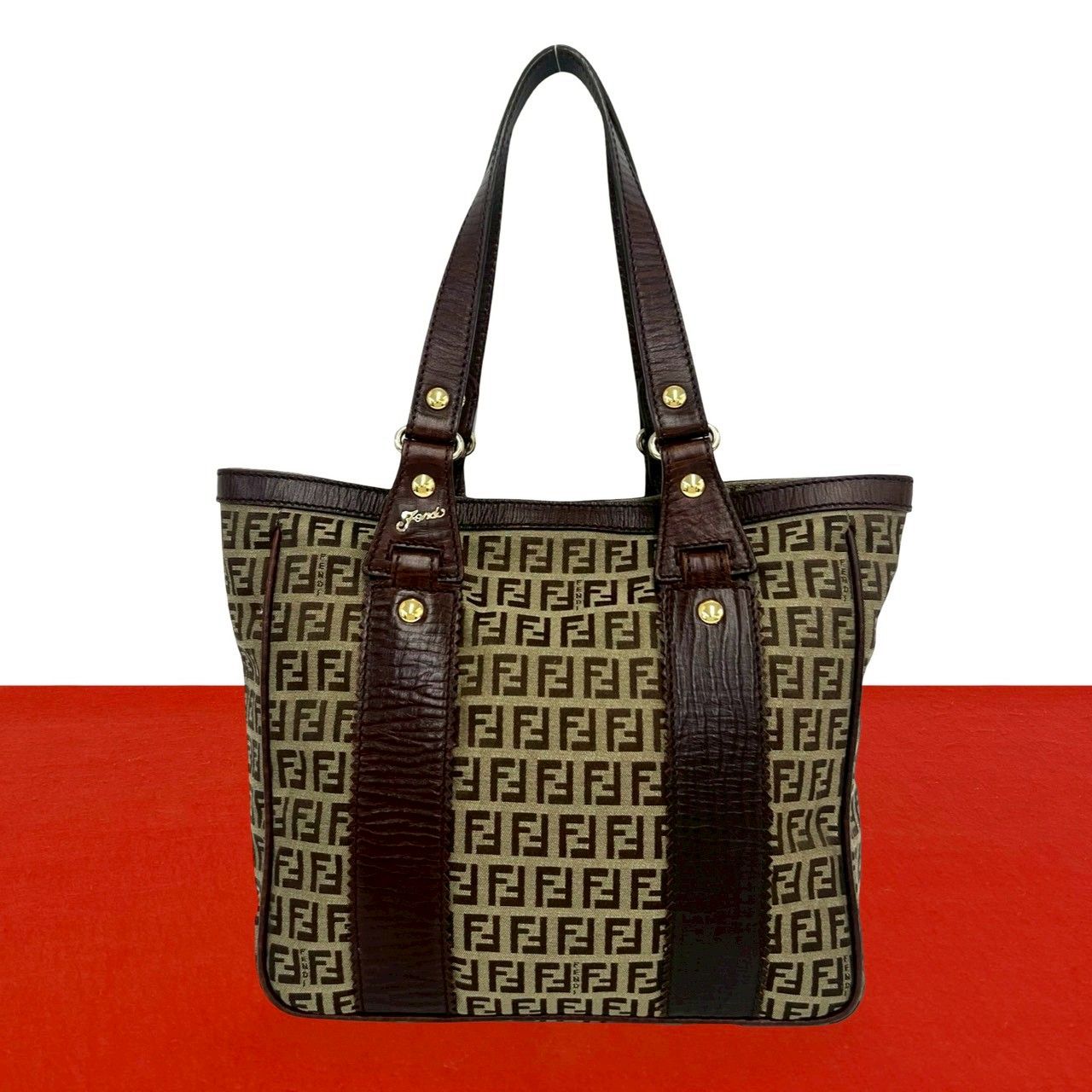 極 美品 FENDI フェンディ ズッキーノ FF 柄 キャンバス レザー 本革 トートバッグ セミ ショルダーバッグ ハンドバッグ ブラウン 62412