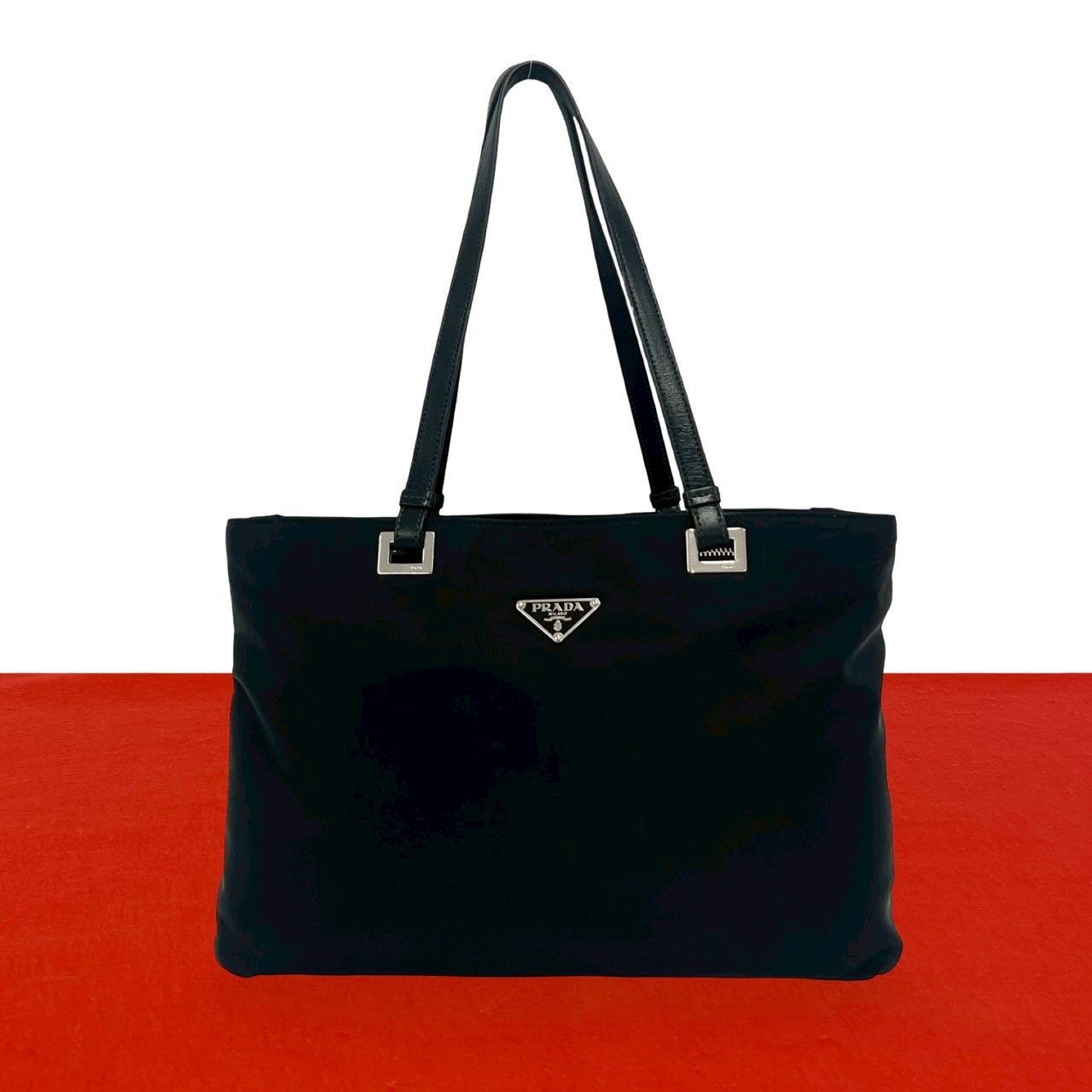 極 美品 PRADA プラダ 三角ロゴ トライアングル プレート 金具 テスート ナイロン レザー 本革 トートバッグ ハンドバッグ ブラック 98114