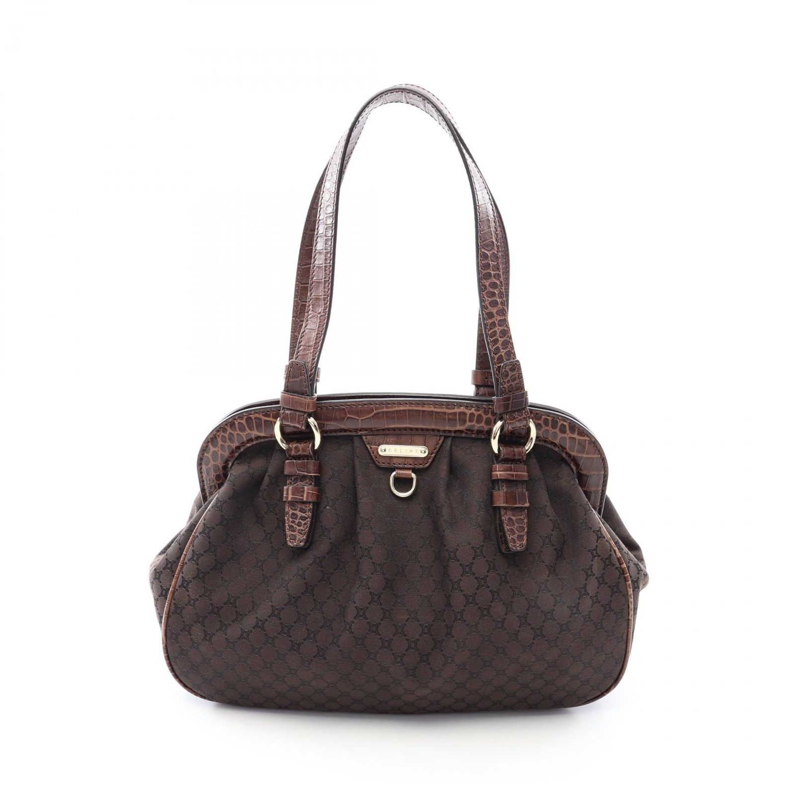 セリーヌ CELINE トートバッグ マカダム ダークブラウン キャンバス レザー マカダム がま口 トートバッグ レディース Used A
