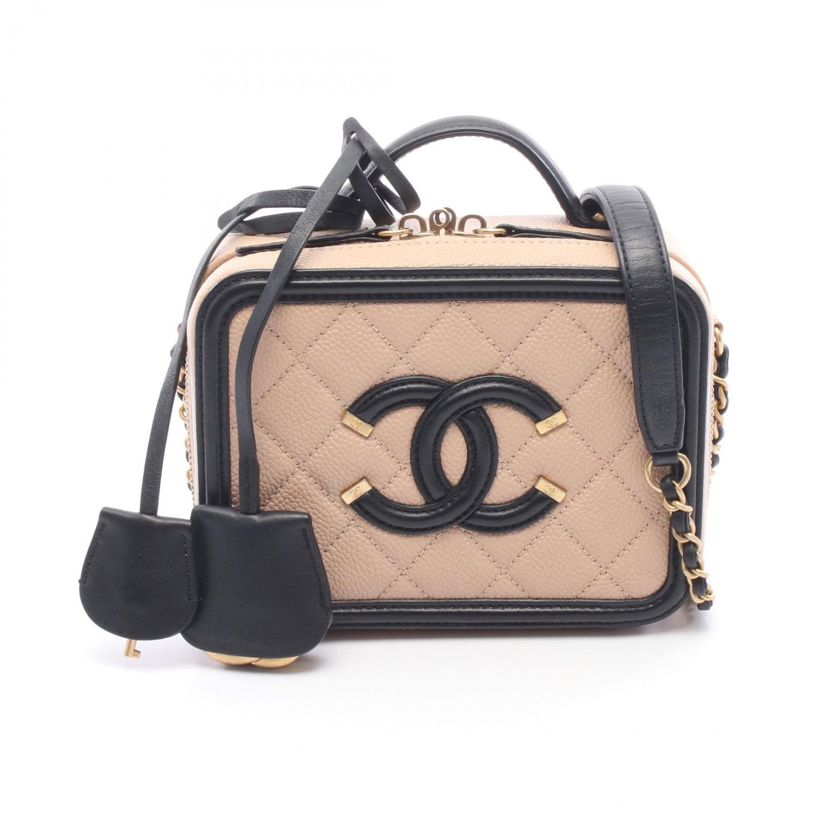 シャネル CHANEL ショルダーバッグ CCフィグリー スモール バニティバッグ 2WAY A93342 ベージュ カーフ（牛革） レザー CCフィリグリー マトラッセ バニティ スモール チェーンショルダー