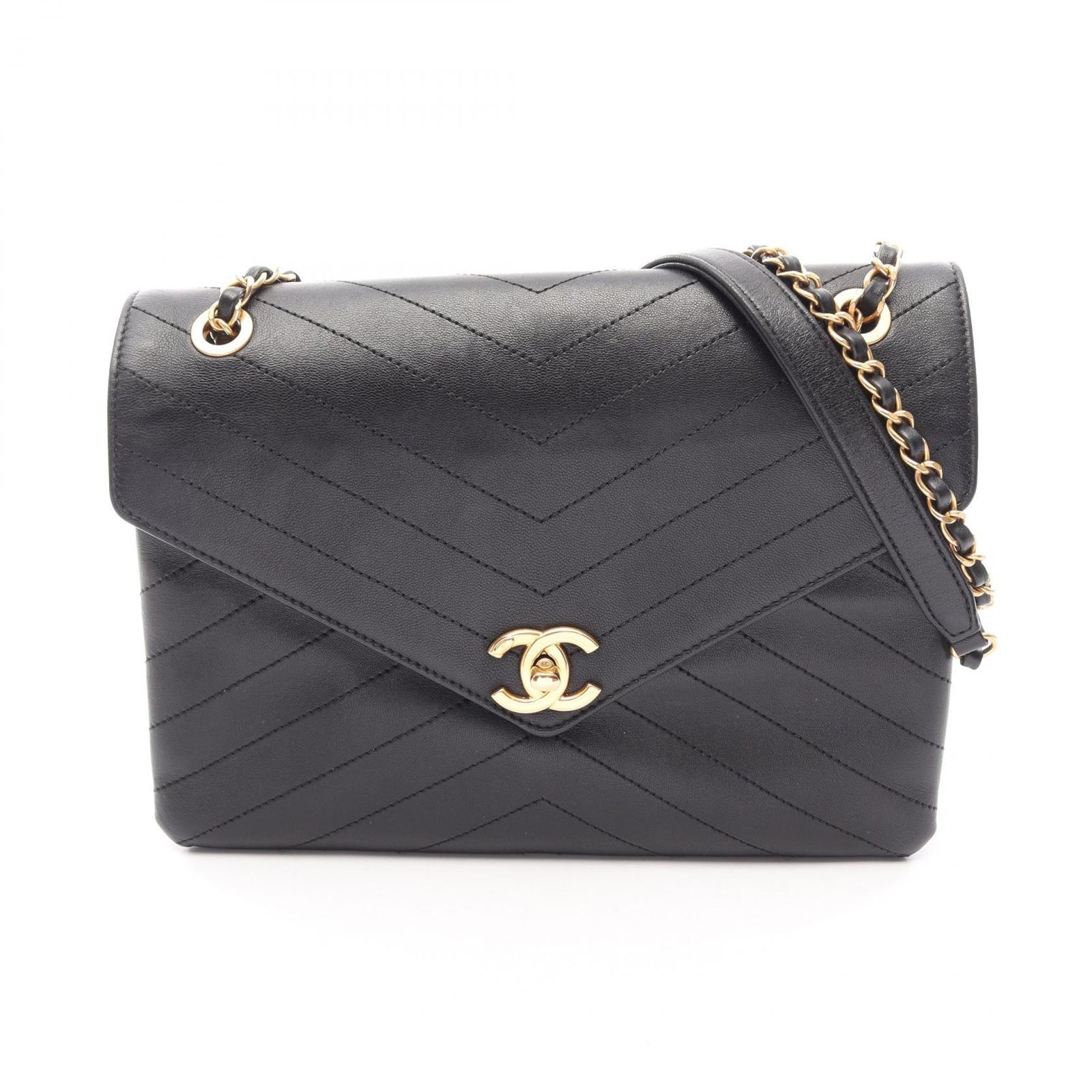 シャネル CHANEL ショルダーバッグ Vステッチ ブラック レザー Vスイッチ チェーンショルダー レディース Used A