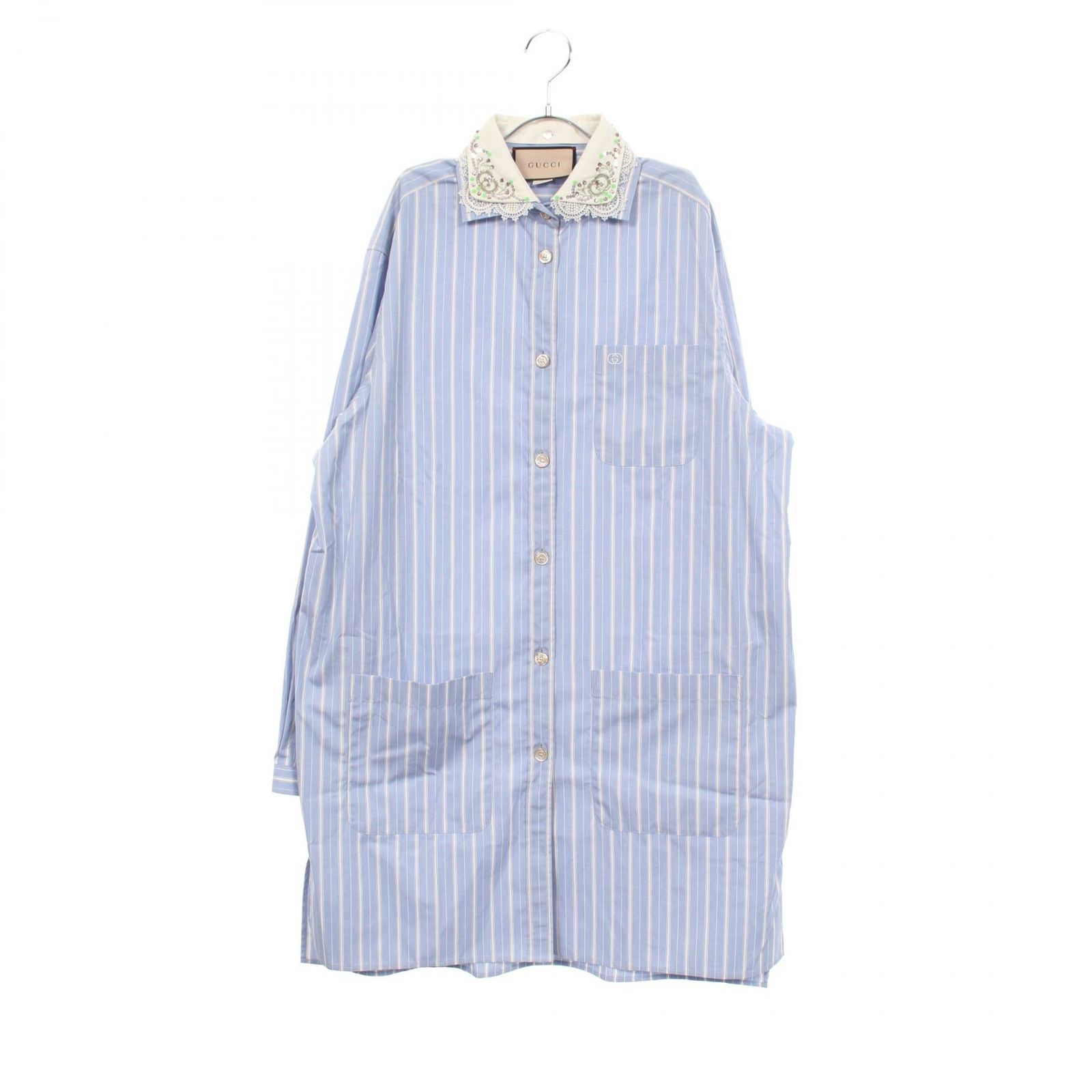 グッチ GUCCI ワンピース ストライプ ビジュー付き 水色/白 コットン シャツワンピース レディース Used A