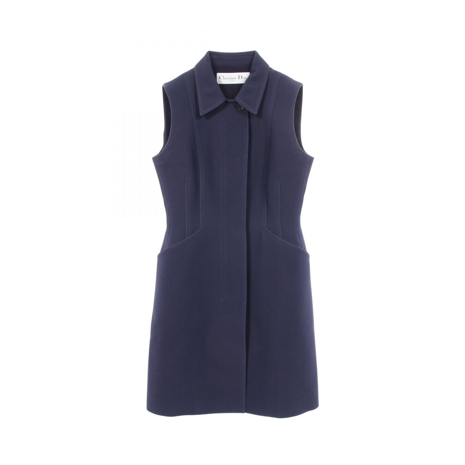 ディオール Dior ロングジレ ノースリーブ ブルー ウール シルク コート レディース Used A