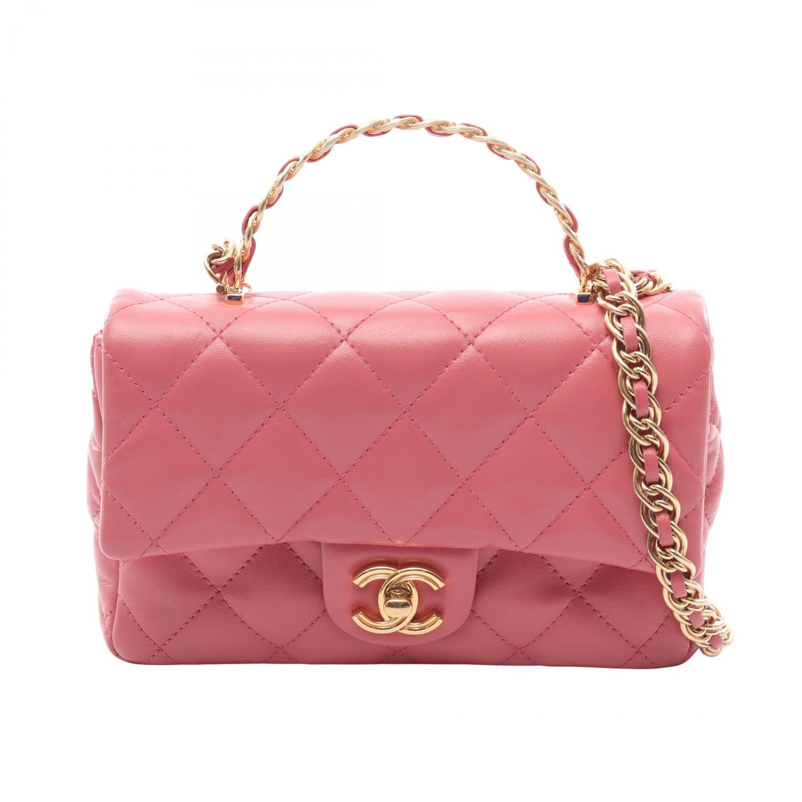シャネル CHANEL ショルダーバッグ マトラッセ スモール トップハンドル 2WAY ピンク ラムスキン（羊革） ミニマトラッセ トップハンドル 2wayチェーンショルダー