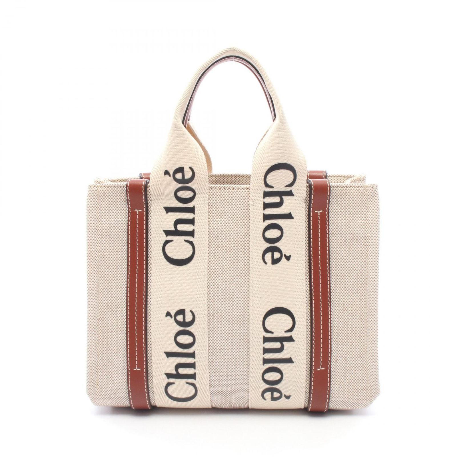 クロエ Chloe ハンドバッグ WOODY ウッディ スモール アイボリー/ブラウン キャンバス レザー ウッディ スモール トート レディース Used B