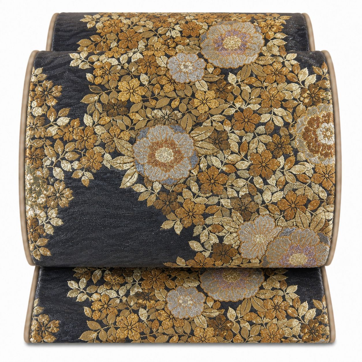 table runner 金彩唐織花丸　帯リメイク　正絹 93 帯 袋帯 黒地 金彩 花柄 桜文様 フォーマル 振袖 留袖 訪問着 和装