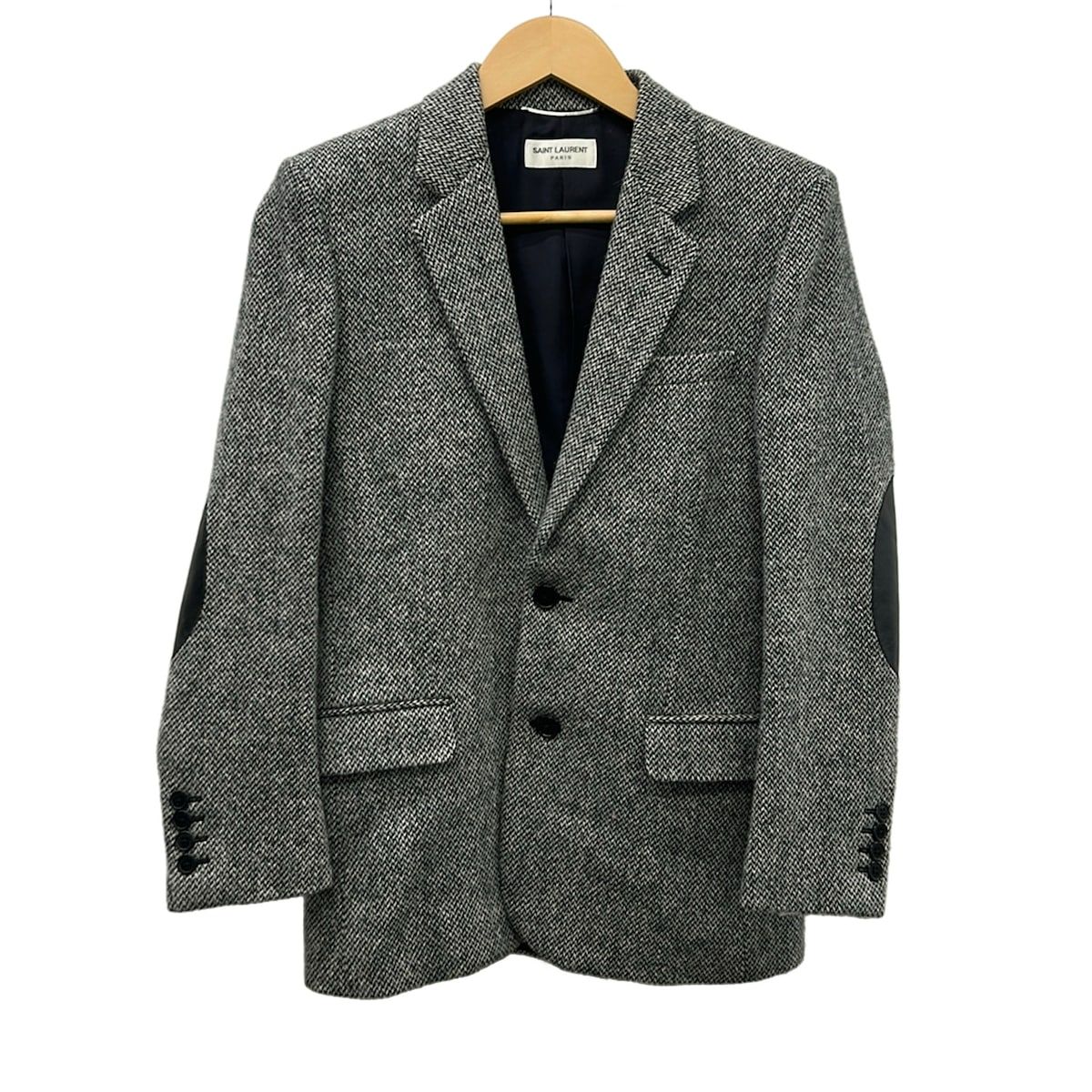 SAINT LAURENT PARIS(サンローランパリ) ジャケット サイズ44 L メンズ - 326686 黒×ライトグレー 長袖/肩パッド/エルボーパッチ/秋/冬