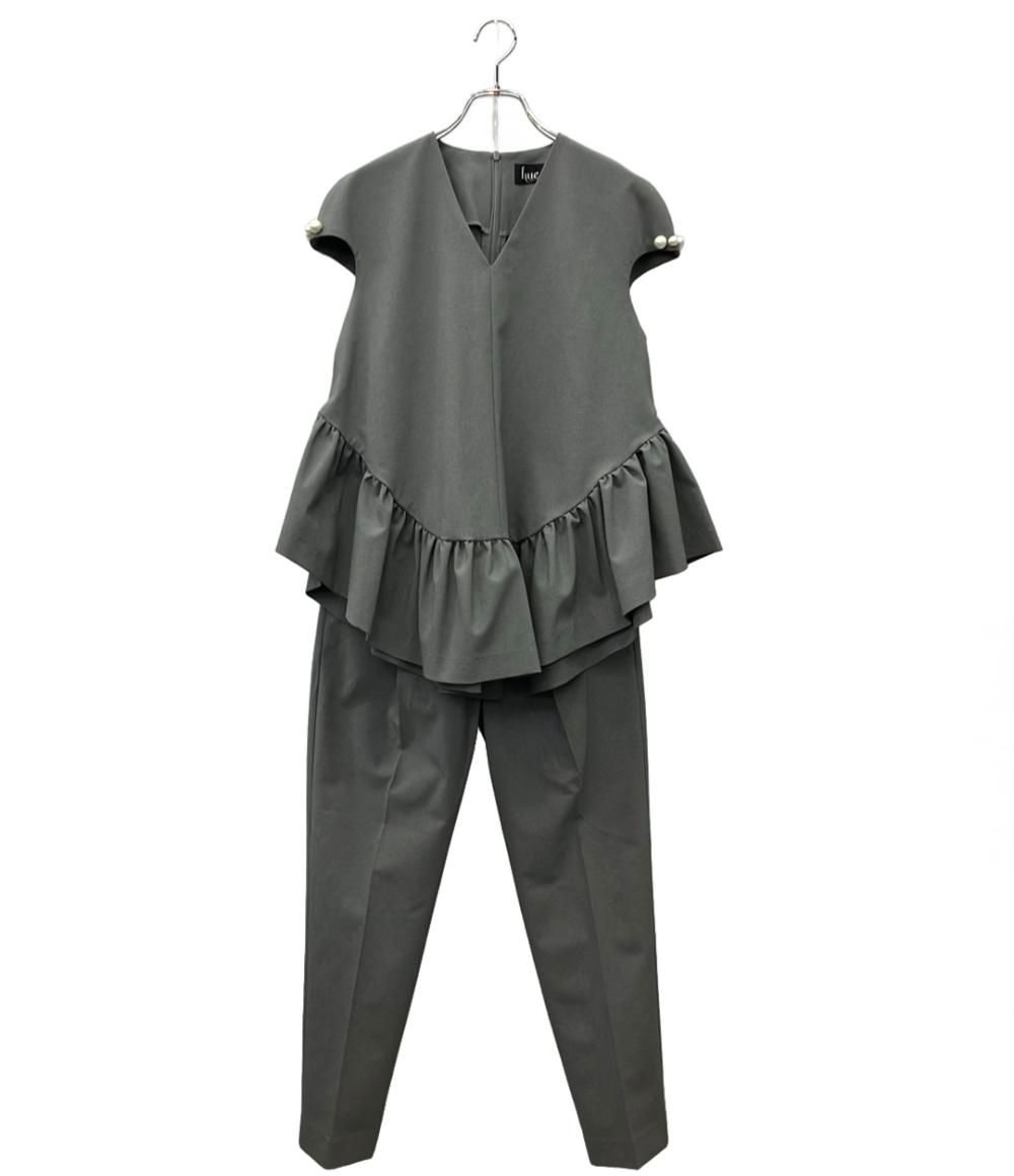 美品 ヒュー デイ トゥ イブニング セットアップ パンツスーツ ペプラム パール タグ付き レディース SIZE S hue DAY TO EVENING