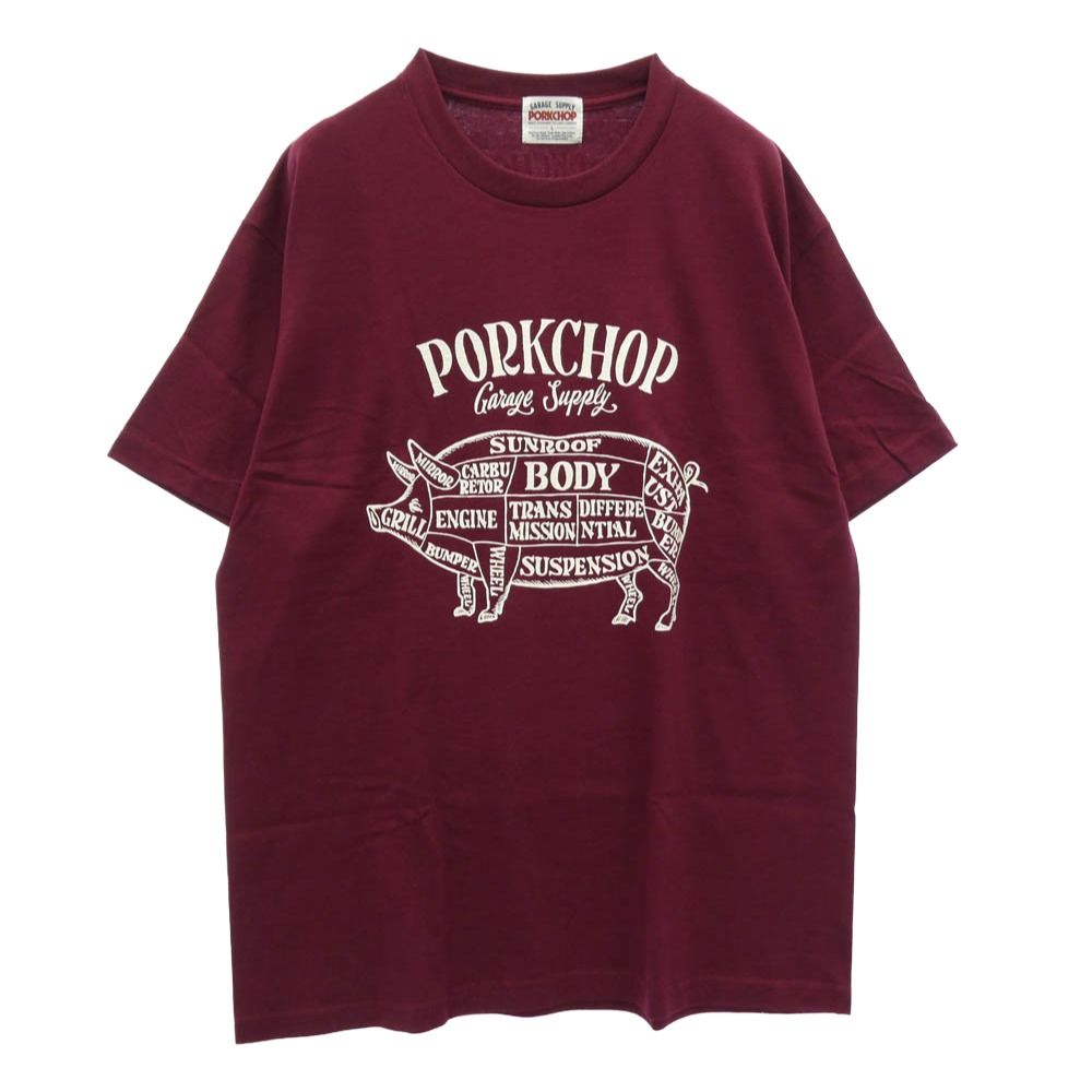 PORKCHOP ポークチョップ 25SS PORK FRONT TEE 25 ポーク フロント プリント 半袖 Tシャツ エンジ系 L【極上美品】【中古】