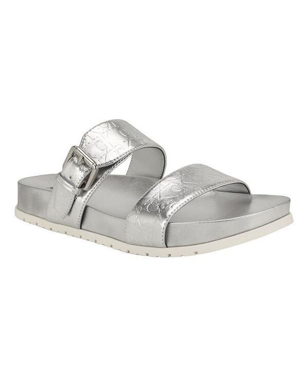 カルバンクライン レディース シューズ サンダル Calvin Klein Womens Landesa Double Band Flat SlipOn Sandals Silver Logo シルバ