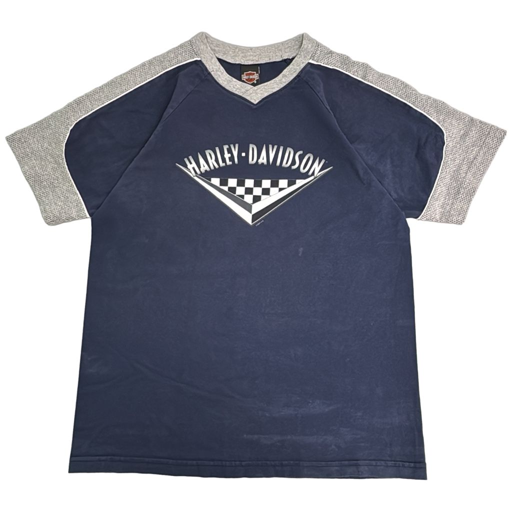 90年代 HARLEY DAVIDSON ハーレーダビッドソン Vネック 半袖Tシャツ モーターサイクル ネイビー(メンズ L)中古 古着 Y3470