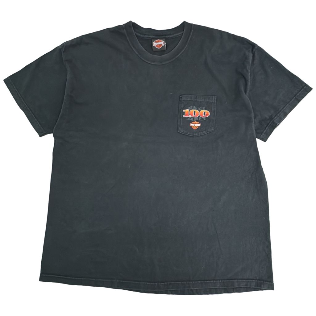 00年代 HARLEY DAVIDSON ハーレーダビッドソン 100周年 半袖Ｔシャツ モーターサイクル ブラック(メンズ XL相当)中古 古着 Y3471
