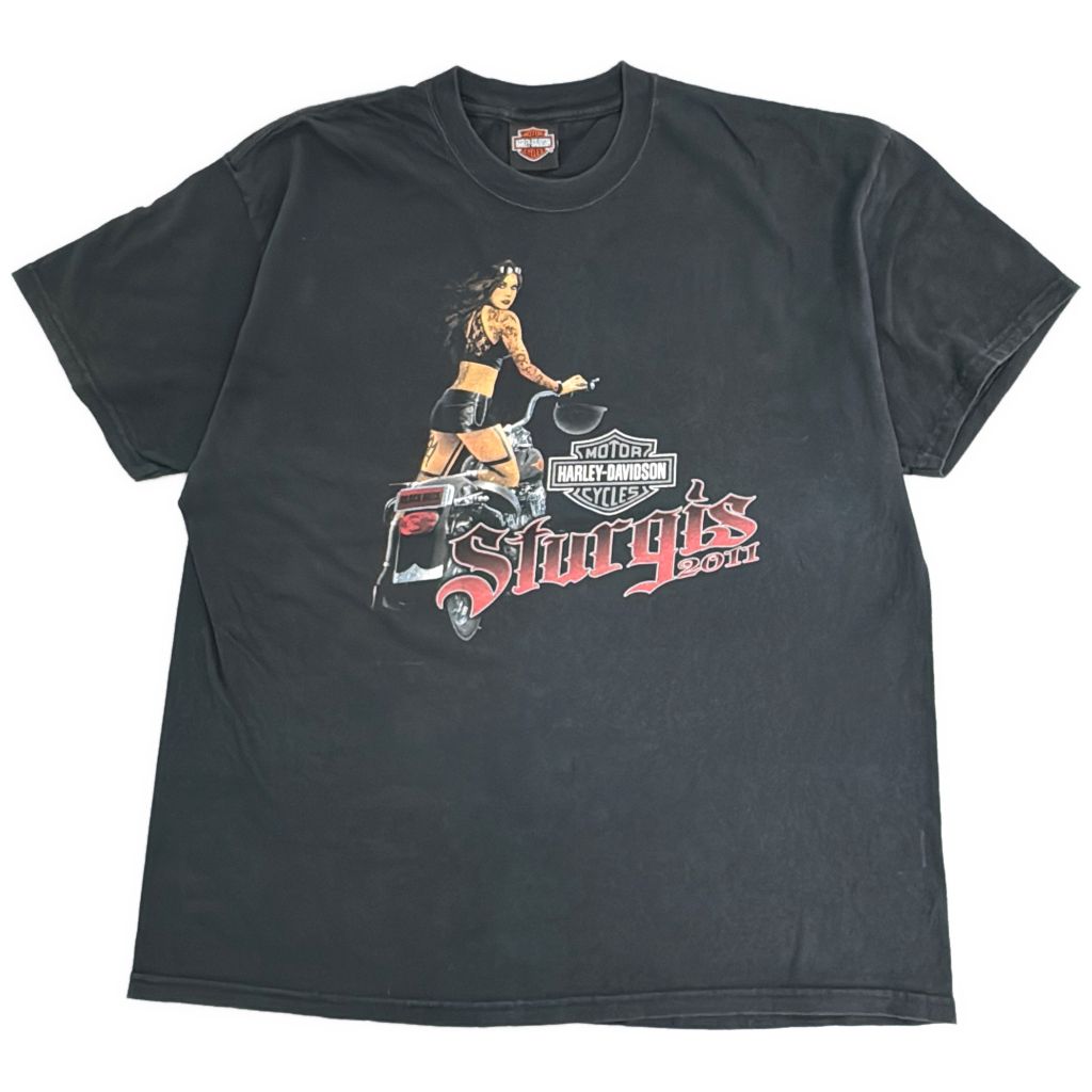 HARLEY DAVIDSON ハーレーダビッドソン ピンナップガール Ｔシャツ モーターサイクル ブラック(メンズ XL相当)中古 古着 Y3508
