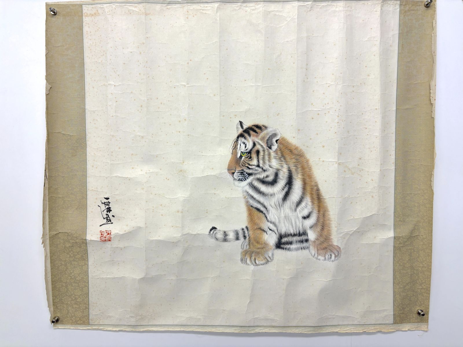 【極上品】老才 作『愛らしい小虎』精密写生画 掛軸 万象書風の創設者 中国現代現代アート 縁起物