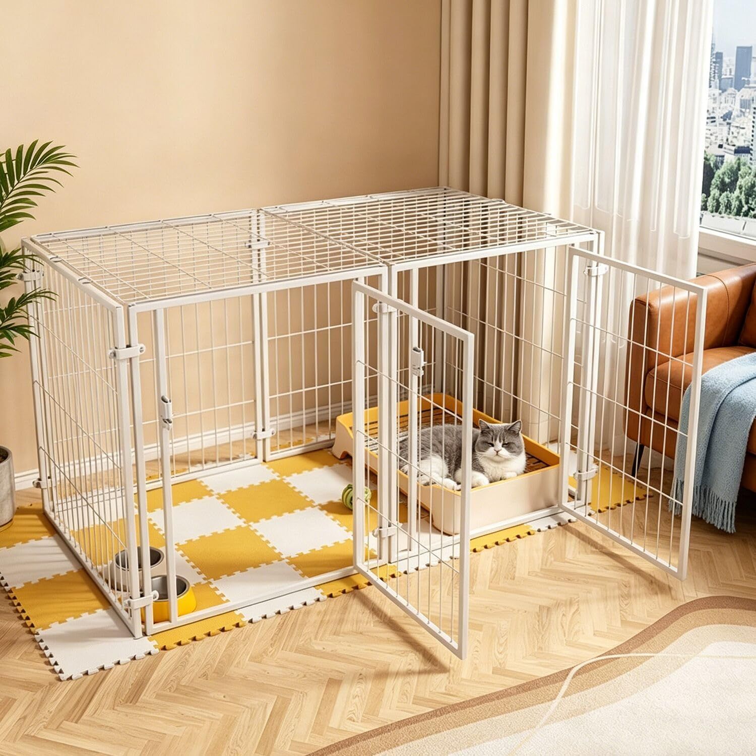 ペットサークル 犬 ゲージ ペットフェンス 犬 小型犬 中型犬 折りたたみ可能 サークルケージドア付き （2つのドア、70×80×140cm）? 組立簡単 レイアウト自由 トイレトレーニング 脱走防止 自立 ケージ 犬用 金属製 ペット用品 DIY 室内外兼用