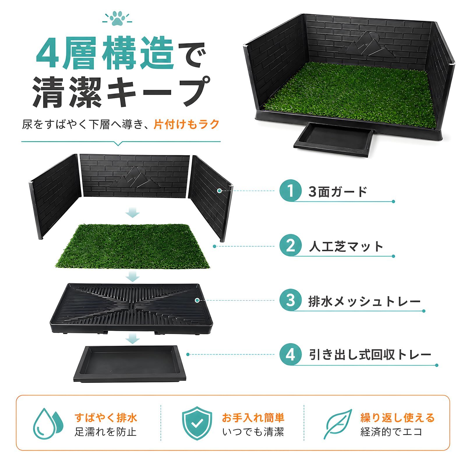 HopeFamily 犬 トイレ 囲い 犬用トイレ 飛び散り防止 4層構造 人工芝