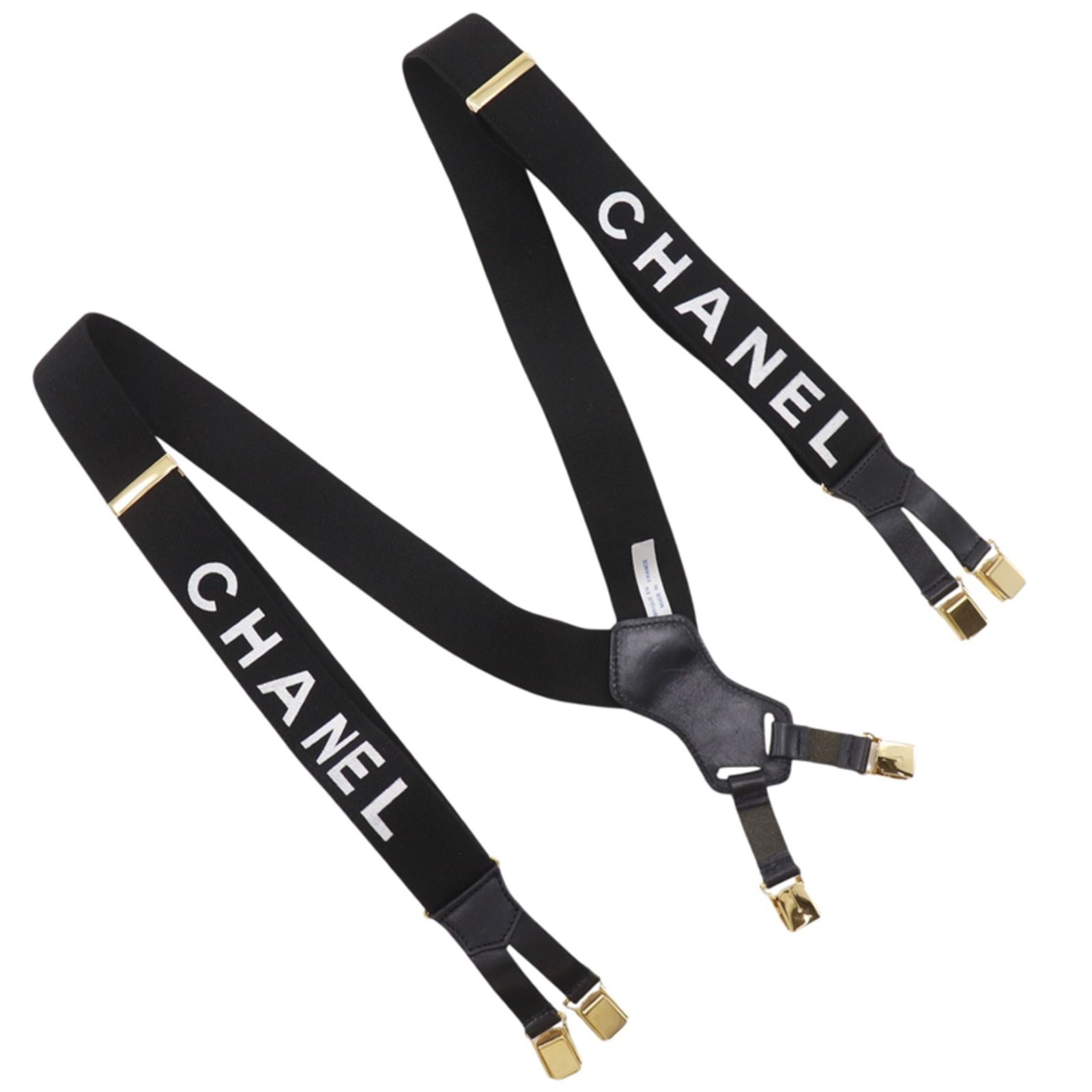 【CHANEL】シャネル ロゴ ゴム×レザー×金メッキ 黒 レディース サスペンダー