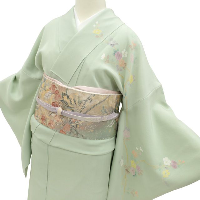新古品】 訪問着 着物 未使用 正絹 袷 手描き友禅 作家物 薄緑地