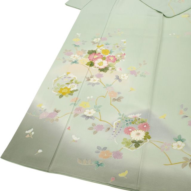 新古品】 訪問着 着物 未使用 正絹 袷 手描き友禅 作家物 薄緑地