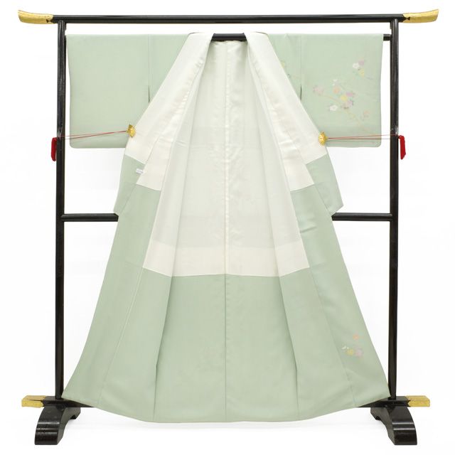 新古品】 訪問着 着物 未使用 正絹 袷 手描き友禅 作家物 薄緑地
