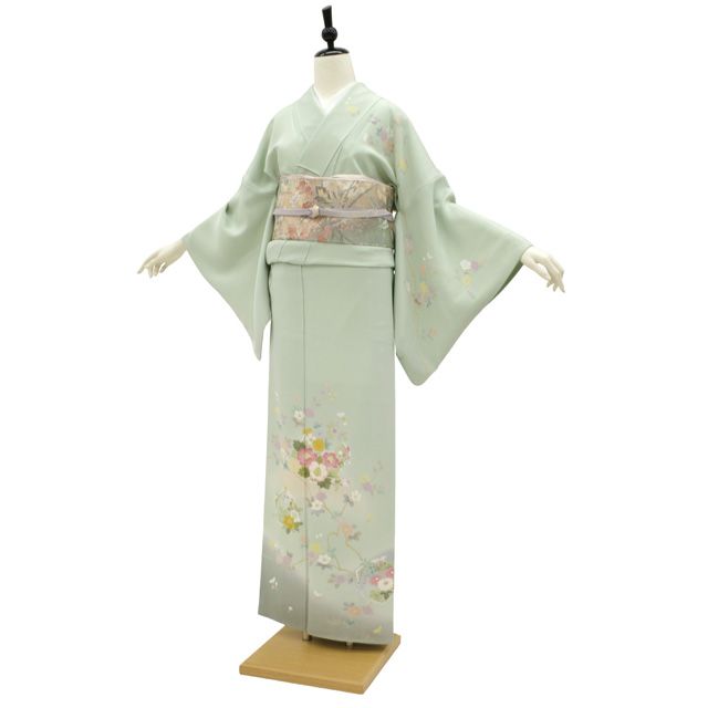 薄い緑色の訪問着 作家もの（美品） 新古品】 訪問着 着物 未使用 正絹 袷 手描き友禅 作家物 薄緑地