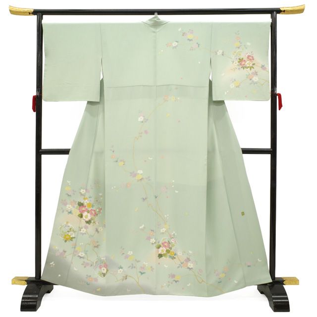 薄い緑色の訪問着 作家もの（美品） 新古品】 訪問着 着物 未使用 正絹 袷 手描き友禅 作家物 薄緑地