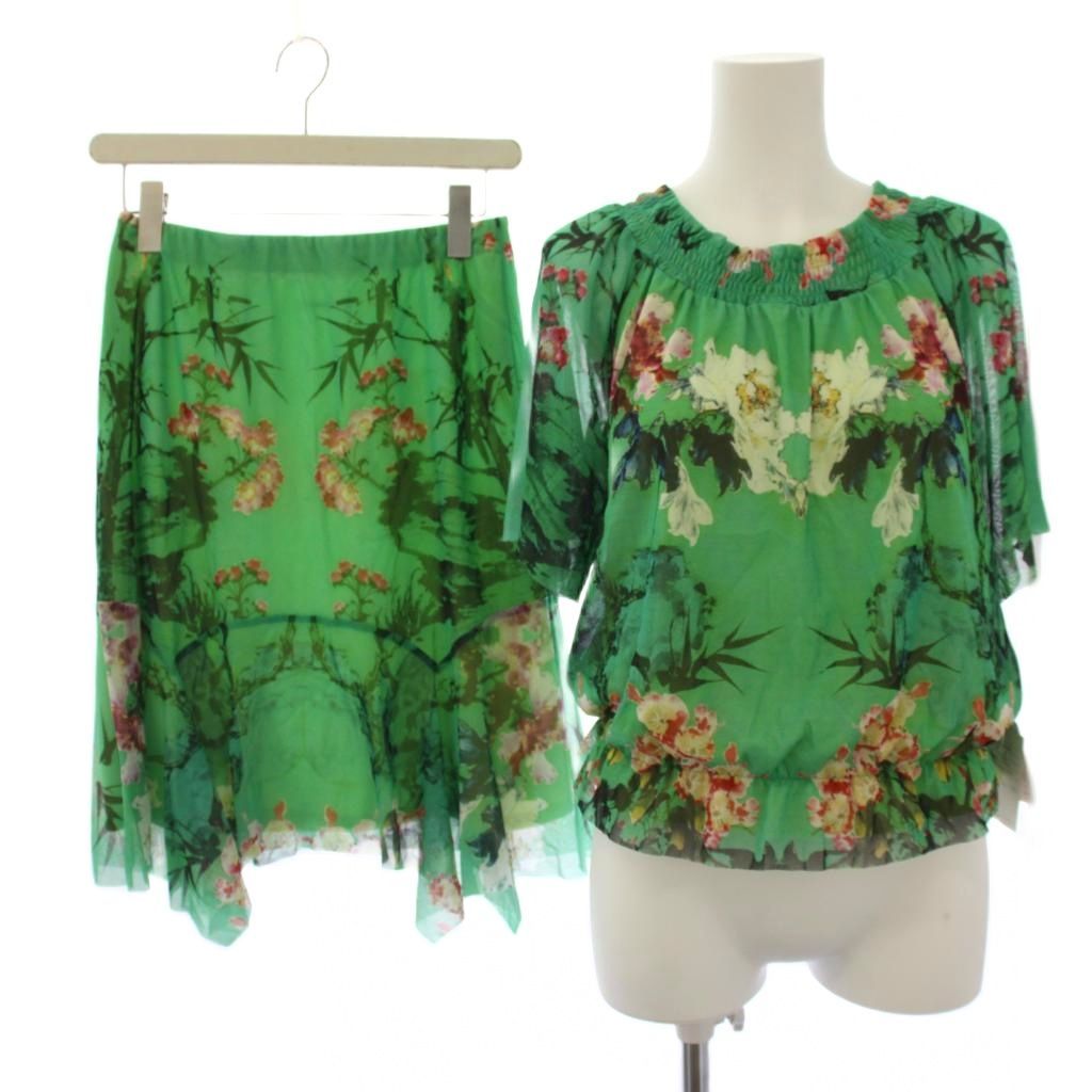 ヴィヴィアンタム VIVIENNE TAM セットアップ 上下 ブラウス シャツ 半袖 フレアスカート ひざ丈 パワーネット 花柄 40 緑 /BM
