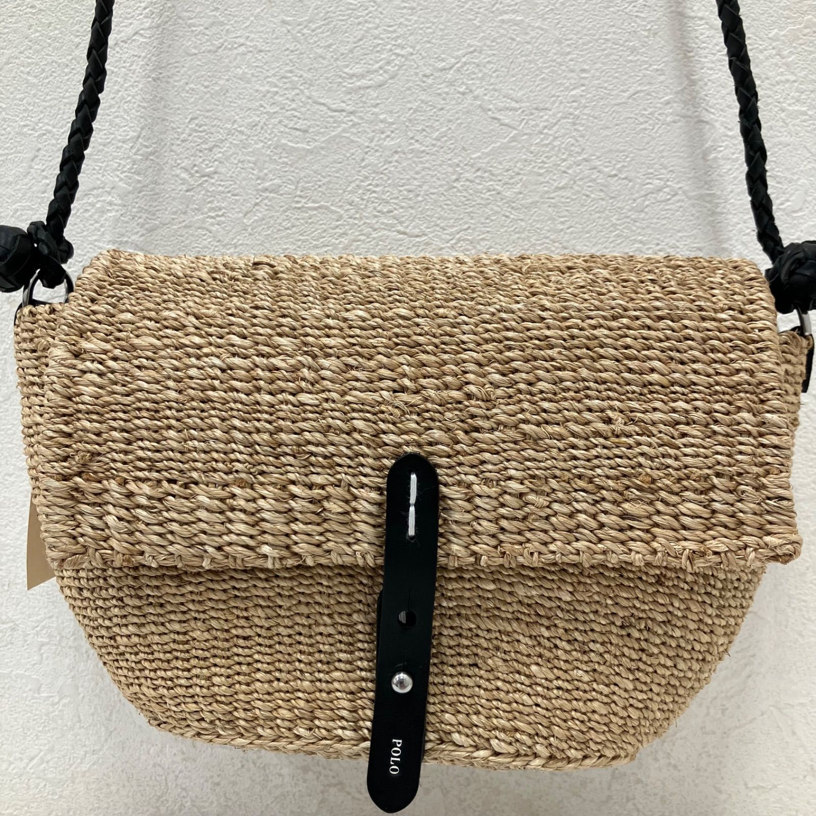 4971　【美品】　POLO RALPH LAUREN　ポロラルフローレン　アバカストロークロスボディ　ショルダーバッグ　カゴバッグ　かごバッグ　レザー　ブラック　黒　ナチュラル　レディース　小さめ　ミニ