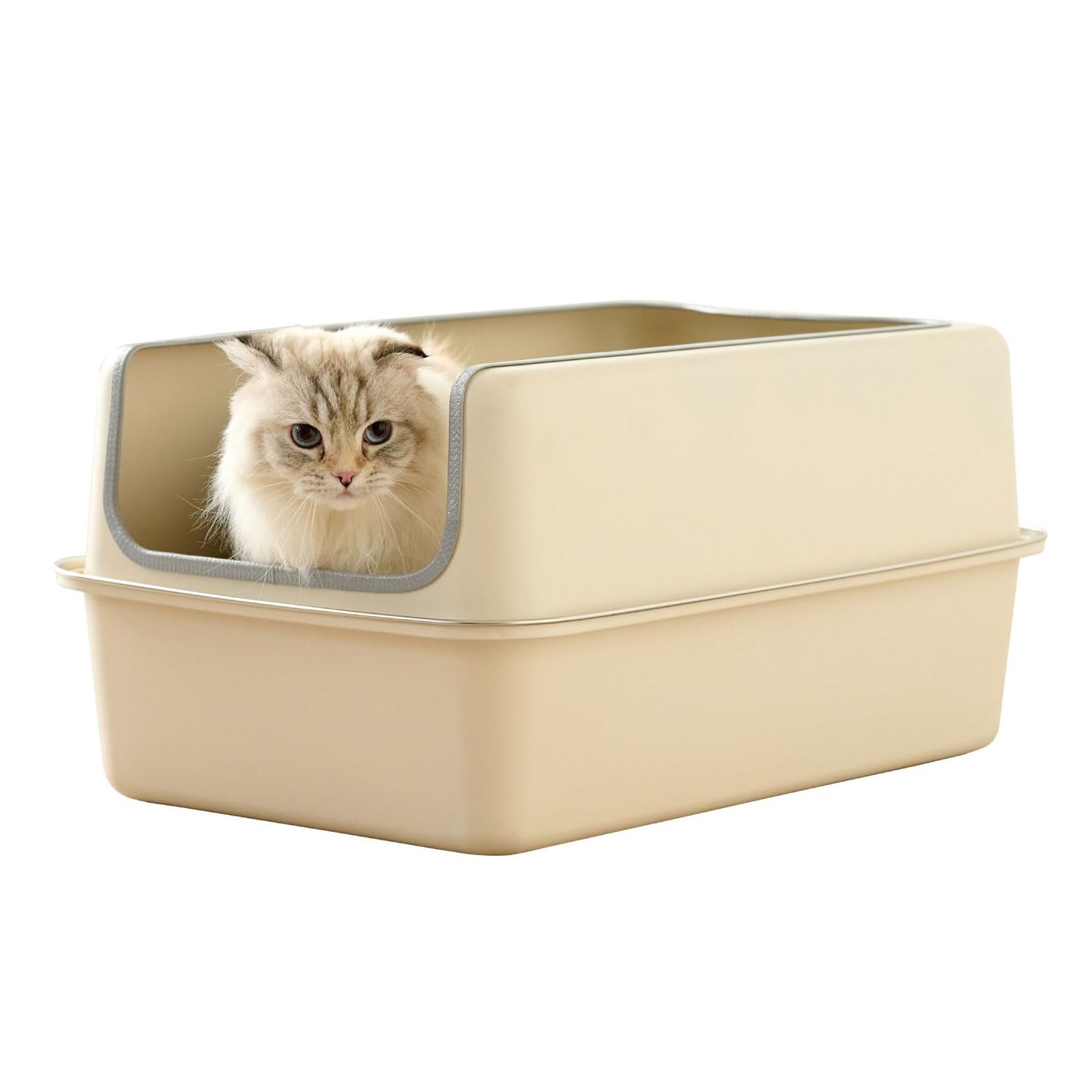 【OFT】 ステンキャットトイレ Plus ベージュ サイズ(約)：幅40.5×奥61×高29cm 色付き カラー 猫 ネコ ねこ 大型 大きい カバー 本体 飛散 簡単 飛び散る 深い 洗える 散らかりにくい OFT 猫砂 本体 ペット セット おしゃれ シ