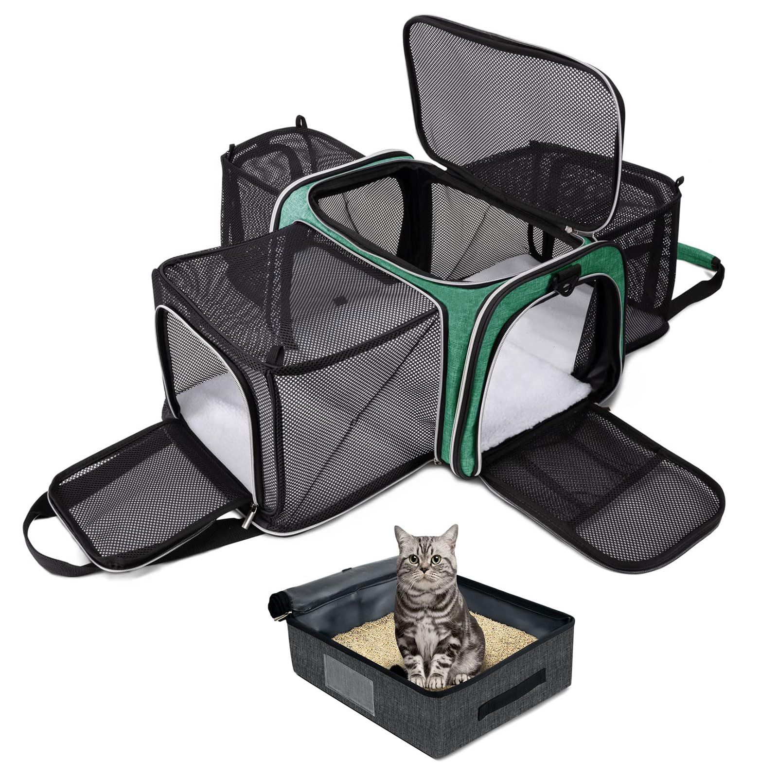 BAGLHER(バグラハ) 拡張可能 猫キャリア 旅行用トイレ付き ペットトラベル 5面オープンドア 3面 漏れ防止 折りたたみ式 車 飛行機旅行 グリーン
